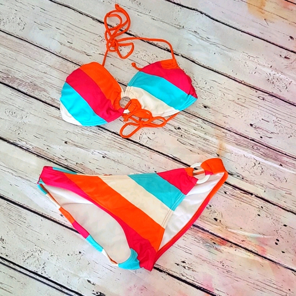 2 PC orange teal pink and ivory